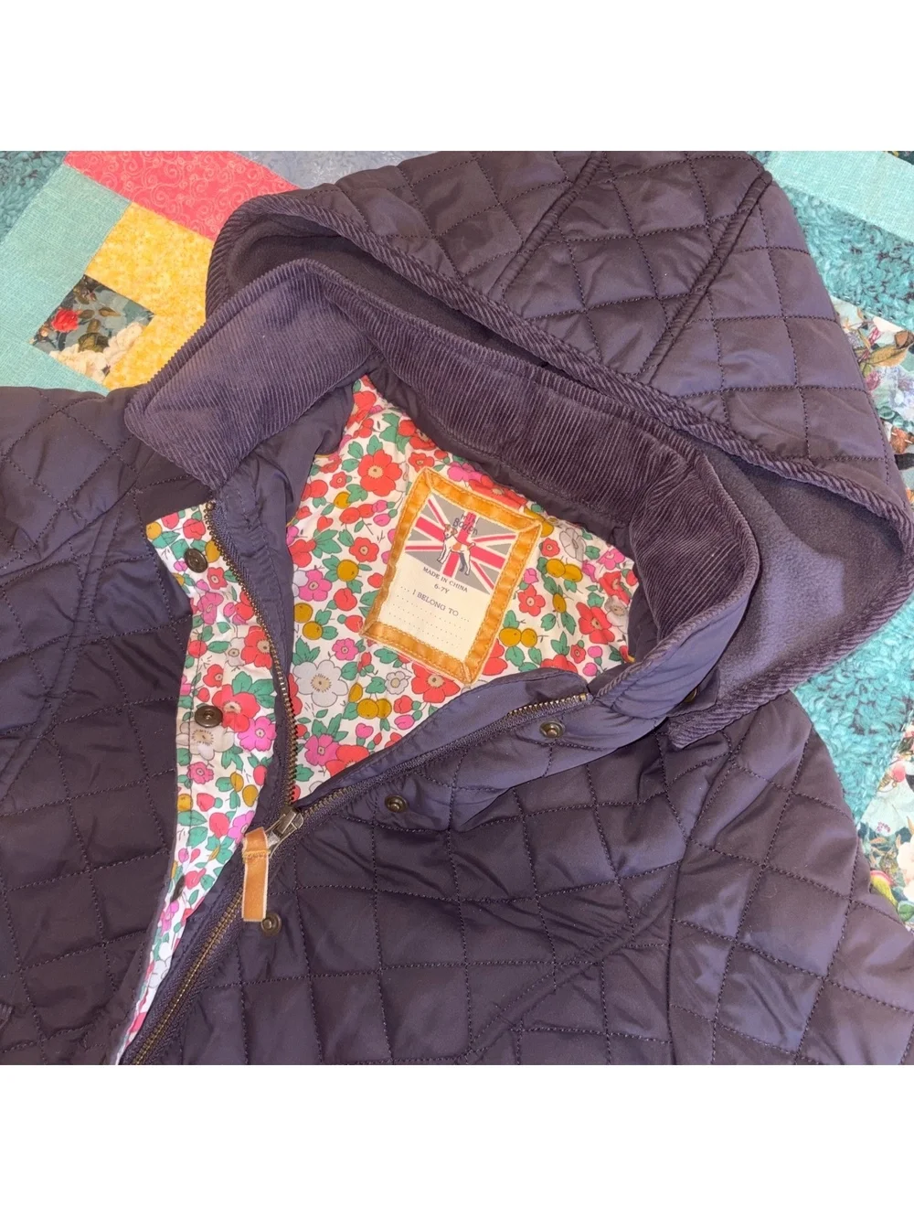 Mini Boden Girls 6-7Y Quilted Hooded Jacket with Floral Lining for Kids